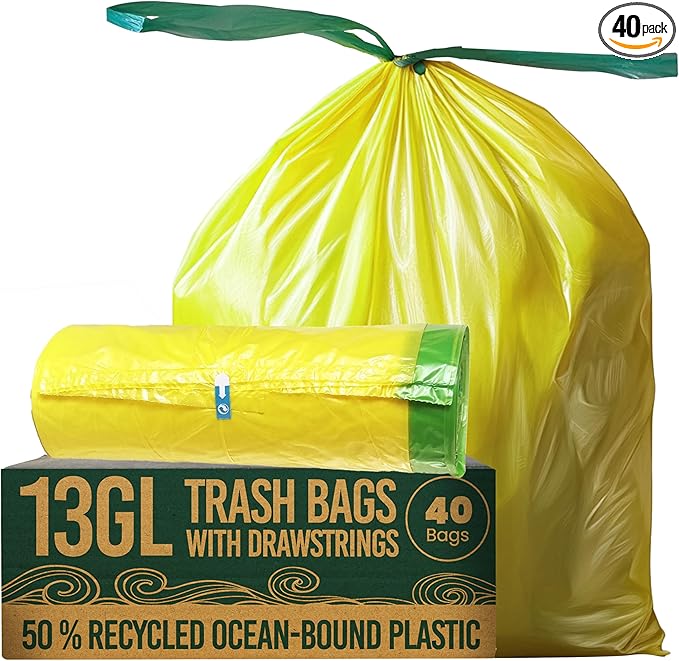13 Gallon Trash Bags with Drawstrings, 40 Bags Made from 50% Recycled Plastic, Code K Leakproof and Tear-Resistant, Tall Kitchen Garbage Bags for Home and Office