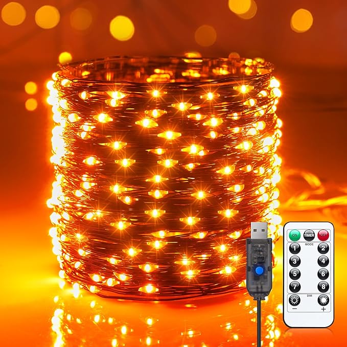 Halloween USB Fairy Lights Plug in, 33Ft 100 LED Twinkle String Lights with Remote and Timer, Waterproof 8 Modes for Bedroom Home Party Ghost Haunted House Indoor Outdoor Decorations, Orange