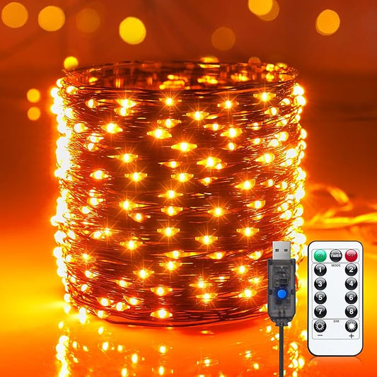 Halloween USB Fairy Lights Plug in, 33Ft 100 LED Twinkle String Lights with Remote and Timer, Waterproof 8 Modes for Bedroom Home Party Ghost Haunted House Indoor Outdoor Decorations, Orange