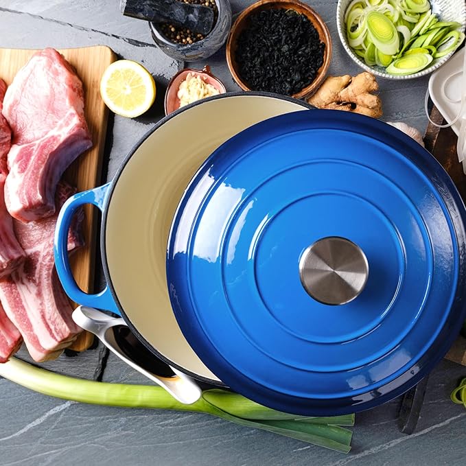 6 Quart Dutch Oven Enameled Cast Iron with Lid - Big Dual Handles - Oven Safe up to 500°F - Classic Round Pot for Versatile Cooking (Blue, 6 QT)