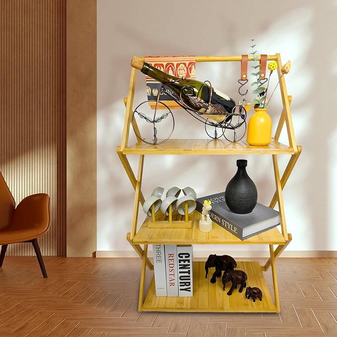 Foldable Bamboo Shelf, Folding Shoe Rack, Flower Rack, Camping Rack, No Installation Required, Portable, Space Saving, Multi-Purpose Storage Rack (Natural,3 Tiers with Boom)