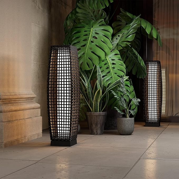 Grand patio Solar Outdoor Floor Lamp Solar Powered Lantern Water-Resistant Wicker Deck Light for Garden Porch Deck-Large Fuji 2 PCS, Dark Brown