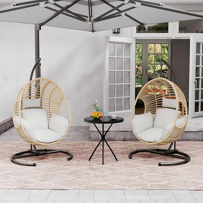 Hanging Egg Chair with Stand - Egg Swing Chair Outdoor Indoor Patio Wicker Chair Swing Hammock Egg Chairs 400lbs Capacity for Outside Patio, Bedroom, Garden and Balcony (Beige-Regular, 2P)
