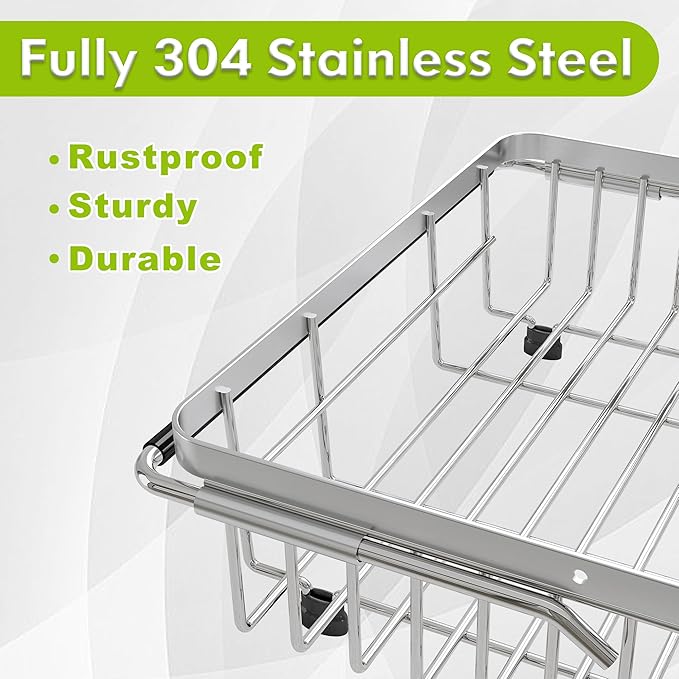 Dish Drying Rack in Sink, Expandable Stainless Steel Dish Drainer for Kitchen Sink, Dish Strainer Rack, Retractable Over Sink Dish Rack with Utensil Holder, 13.1''~16.6''D x 11.8''W, Silver
