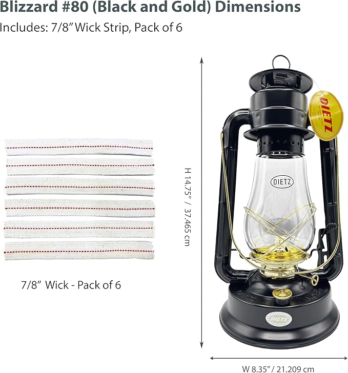Light of Mine - Dietz #80 Blizzard Oil Lantern with 7/8" Replacement Wick Strips (Black with Gold Trim)