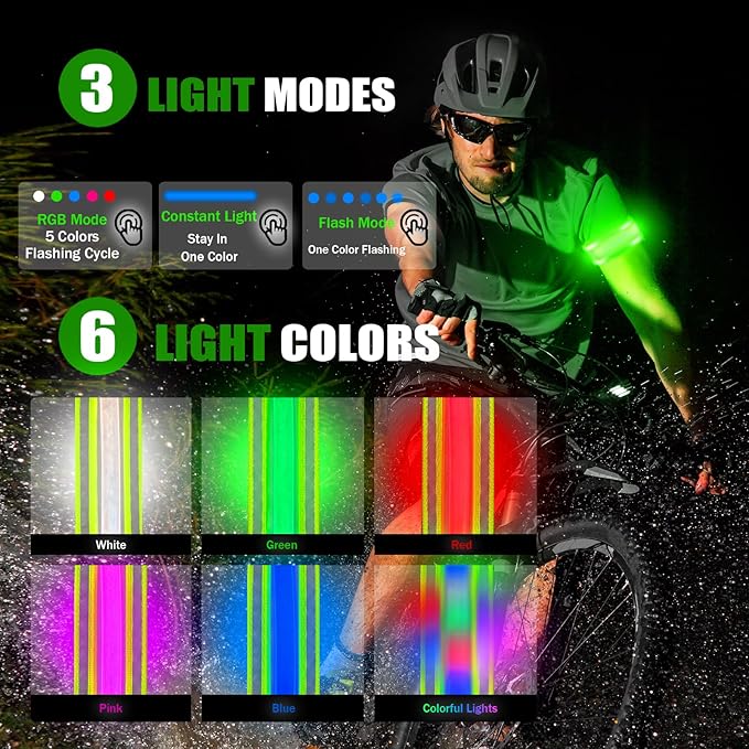 2 Pack Rechargeable LED Armbands for Running, High Visibility Reflective Running Gear, 6 Colors Light Up Armbands for Night Walking, Running Lights, Running Gift for Men Women
