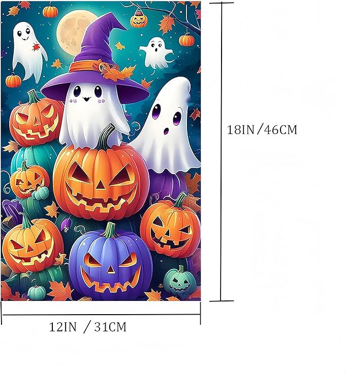 Halloween Garden Flag for Outside 12x18 Inch Double Sided, Pumpkin Ghost Small Yard Flags for Outside, Halloween Outdoor Flag Front Porch Decorations for Home