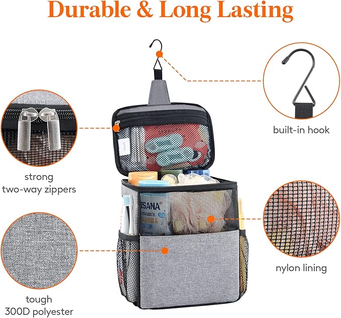 Lifewit Mesh Shower Caddy Bag Portable College Dorm Room Essentials Caddy Tote Basket for Bathroom, Gym, Travel, Camping Quick Dry Hanging Shower Organizer Toiletry Bag for Women Wen, Medium, Gray