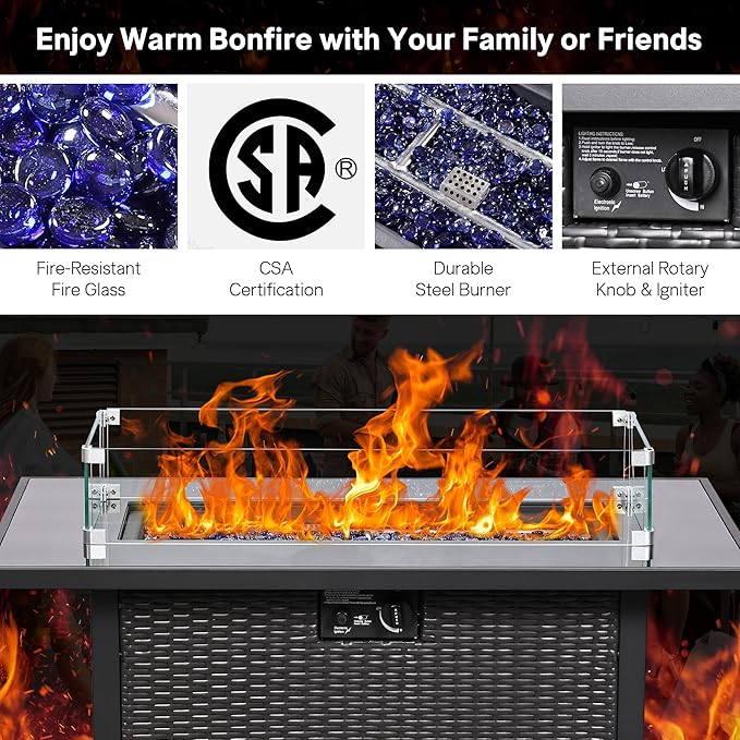 5 Piece Patio Furniture Set with 43" Propane Fire Pit Table, Outdoor Wicker Conversation Set, Rattan Modern Sectional Sofa Couch with Coffee Table for Backyard Porch Garden Poolside, Yellow-Black