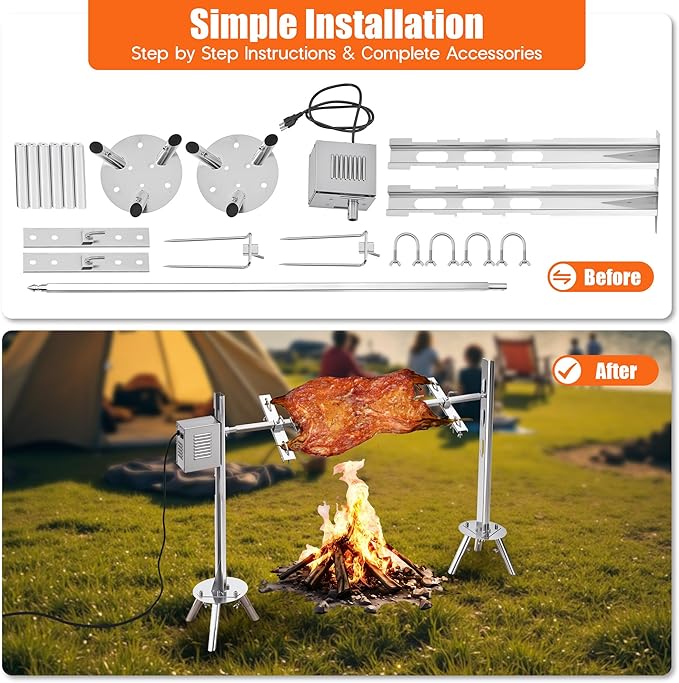 Jocisland Electric BBQ Rotisserie Grill Kit, 46" 132 Lbs Capacity, 45W Motor, Height-Adjustable Stainless Steel Pig Roaster with Triangular Stability Support Stand for Pig Lamb