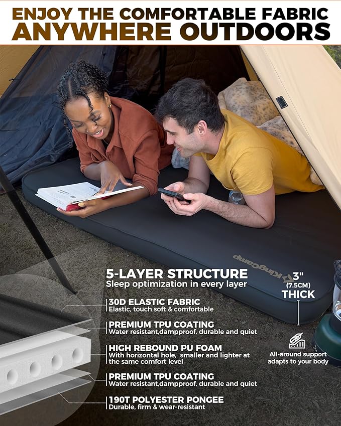 KingCamp Self Inflating Sleeping Pad for Camping, 7.5 R-Value Double Camping Mattress, Portable 4 Season Memory Foam Camping Mat with Pump & PVC-Free Fabric for Comfort Travel Car Tent Cot, Black