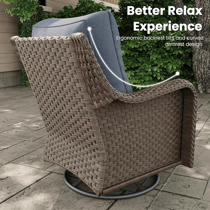 7 Pieces Outdoor Patio Furniture Sets with Rocking Swivel Chairs with 6-inch Thick Cushion and Fire Pit Table for Deck Lawn