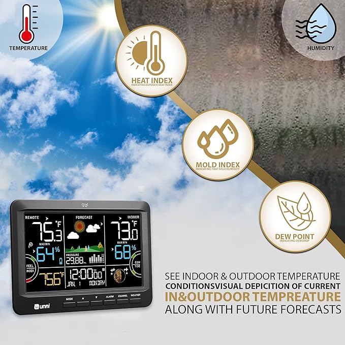 Weather Station Wireless Indoor Outdoor Thermometer with Heat Dew Mold, Thermometer Inside Outside Atomic Clock with Pressure Black