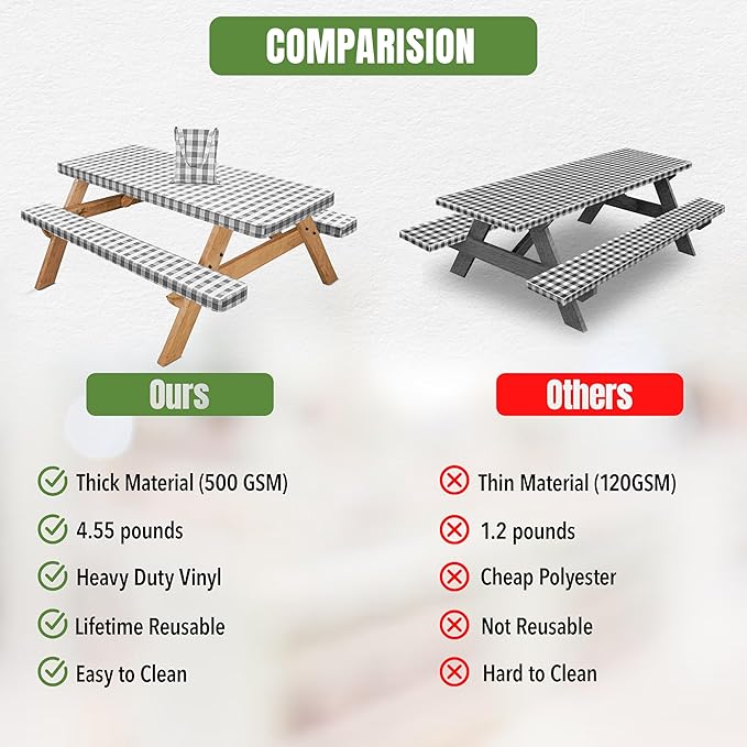 Hudson Comfort Picnic Table Cover with Bench Covers – 500 GSM Reusable Heavy Duty Vinyl Outdoor Table Cover - Waterproof Picnic Tablecloth with Carry Case (Gray, 72 Inch (6 Feet))