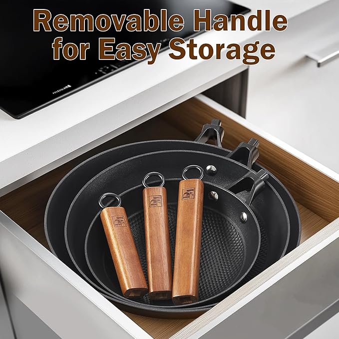 DM Cast Iron Skillet, 2 Piece Nonstick Frying Pan Set, 8 and 10 Inch with Detachable Acacia Wooden Handle, Honeycomb Non stick Omelet Egg Pan, Easy Clean Oven Safe Pans for Cooking