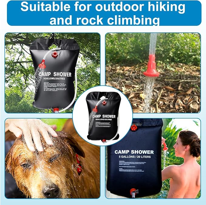 5 GallonsSolar Shower Bag with a Cotton Towel, 20L Portable Solar Heating Camping Shower Bag for Outdoor Traveling Hiking Summer Shower, Cold ＆ Hot Water Hiking Climbing (Black)