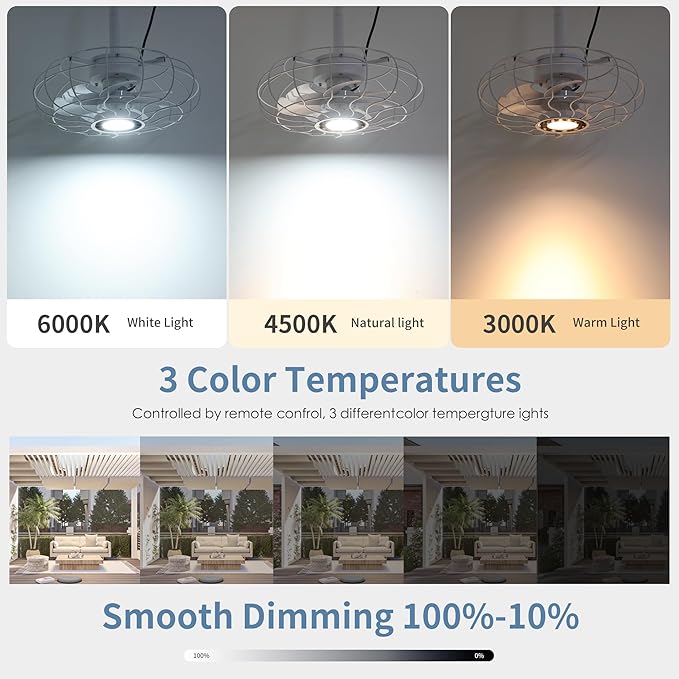Outdoor Ceiling Fans with Lights, 15''White Hanging Gazebo Fan,3-Color LED Light, Adjustable Height, 6 speeds, Waterproof Plug in Caged Lighting for Patios, Pergola
