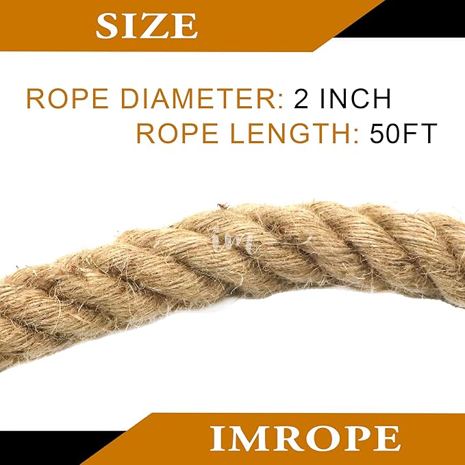 2 Inch x 50 Ft Natural Jute Rope, IMROPE Twisted Jute Rope 4 Strands for Arts Crafts, Swing, Garden, Home Decorating, Hammock, Tug of War