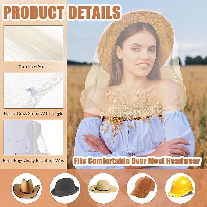 HESTYA 4 Pack Mosquito Head Net Face Mesh Protecting Net for Outdoor Hiking Camping Climbing Mosquito Fly Insects Preventing(Beige)