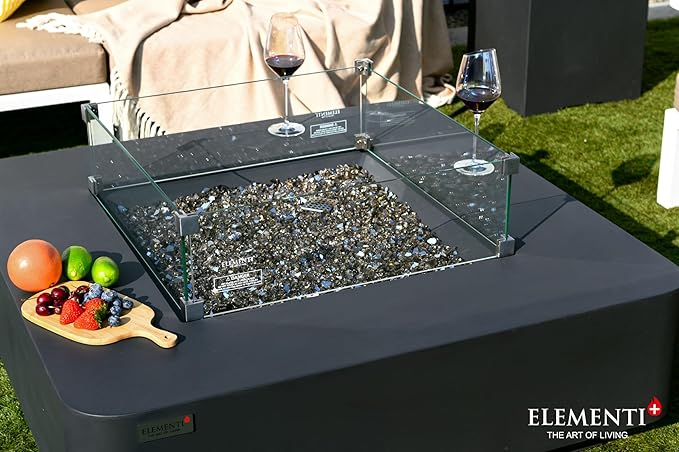 Elementi+ | Bergamo Gas Fire Pit Cast Concrete 42" Square Fire Table, Outdoor Fire Pit Electronic Ignition | Canvas Cover, Fire Glass and Burner Lid Included | Dark Gray | Natural Gas