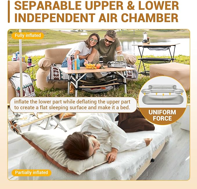 KingCamp Double Inflatable Couch for Camping, Portable Foldable Eco-Friendly Reach-Certified PVC Liner Air Lounger 2-Person Blow Up Sofa with Foot Pump, Pegs, Repair Kit & Removable Cover