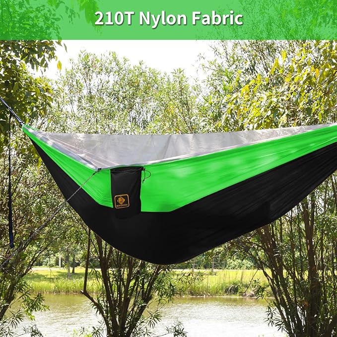 Camping Hammock, Portable Hammocks with Mosquito Net,Lightweight Nylon Parachute Hammock with 10ft Tree Straps,Camping Gear Must Haves for Travel Hiking Backpacking Beach Patio Black& Green