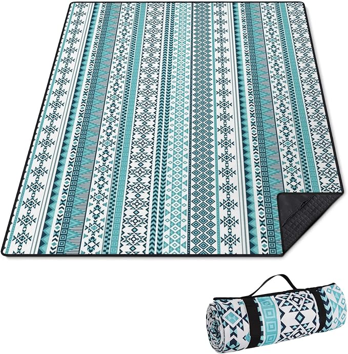 Extra Large Picnic Outdoor Blanket 60''x80'' Teal Blue Tribal Stripes Waterproof and Sandproof Picnic Mat for Beach Foldable Camping Accessories for Grass Lawn Park