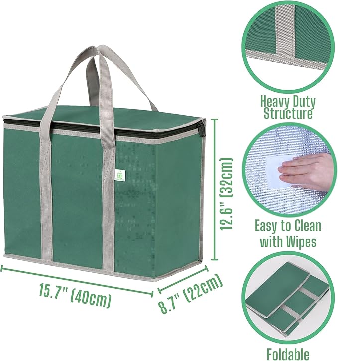 VENO 2 Pack Cooler Bag and Insulated Grocery Bags for Food Delivery, Collapsible Cooler, Reusable Shopping Bags for Groceries with Zipper, Foldable, Heavy-Duty, Stands Upright (Green, 2 Pack)