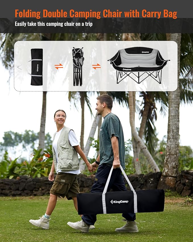 KingCamp Double Camping Chair, Oversized Heavy Duty Loveseat for Adults Portable Folding XL 2 Person Couch Padded Comfortable Two Seat with Cup Holder for Outdoor Lawn Backyard