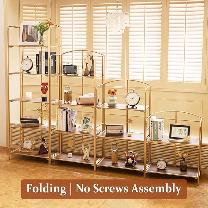 Crofy No Assembly Folding Bookshelf for Living Room, 3 Tier Gold Collapsible Book Shelf for Home Office, Portable Bookcase Storage Organizer