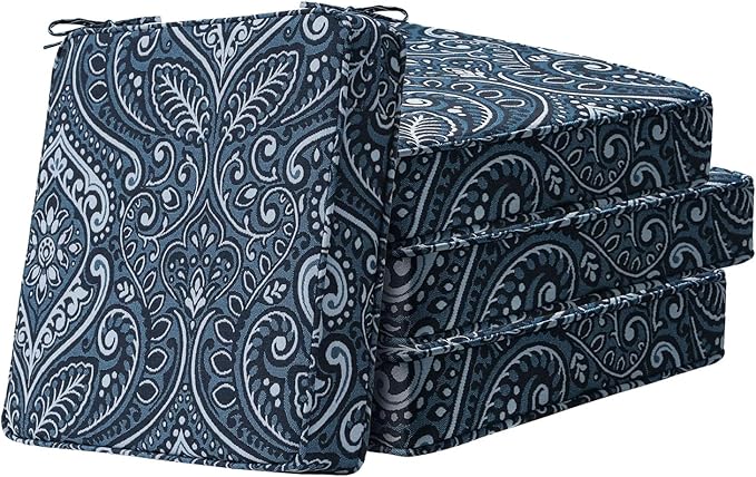 Square Corner Seat Cushions, 18.5" x 16" x 3", Set of 4, Indoor Outdoor Water Repellent Universal Chair Pads with Ties for Patio Furniture, Garden Deck Dining Chairs, Damask Blue Flower