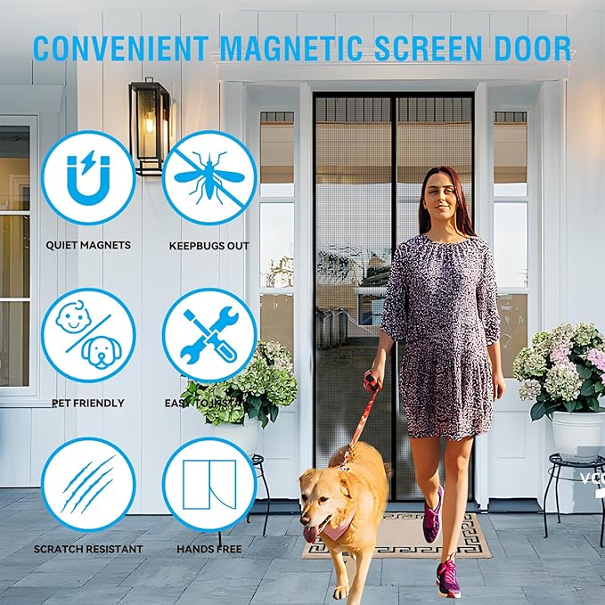 Fiberglass Magnetic Screen Door for 36''x96'' Doors, Screen Size 38"x97" Self-Sealing with Strong Magnets,Anti-Tearing Reinforced Fiberglass Mesh–Keeps Bugs Out–Perfect for Front,Sliding Doors