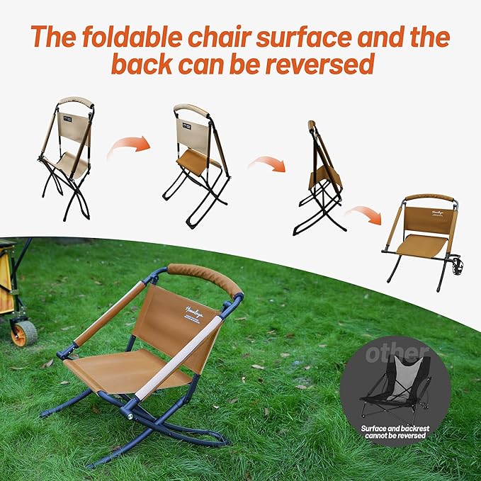 Folding Chair Double-Side Seat, Camping Chair Usable On Both Sides, One Chair Two Heights, Carbon Steel Portable Foldable with Cup Holder for Camp Beach Picnic Patio Sports Brown Beige