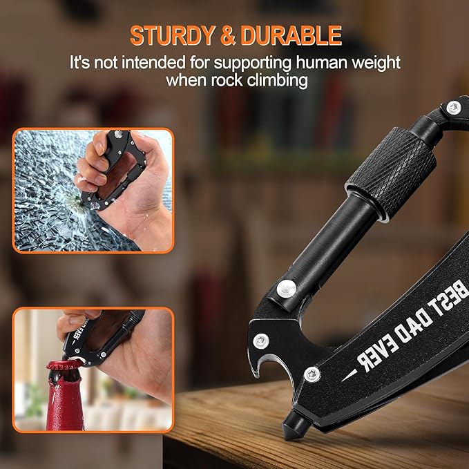 Birthday Gifts for Dad Him Husband, Multitool Carabiner With "Best Dad Ever", EDC Carabiners with Folding Knives, Bottle Opener, Window Breaker and Screwdriver, Survival Gear for Camping Hiking