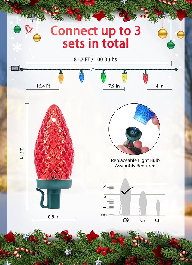 C9 LED Christmas Lights Outdoor, 81 Feet 100 LED String Light with Timer & 8 Lighting Mode, Waterproof Commercial Grade Christmas Tree Lights for Outside Indoor Roofline Patio, Multicolor