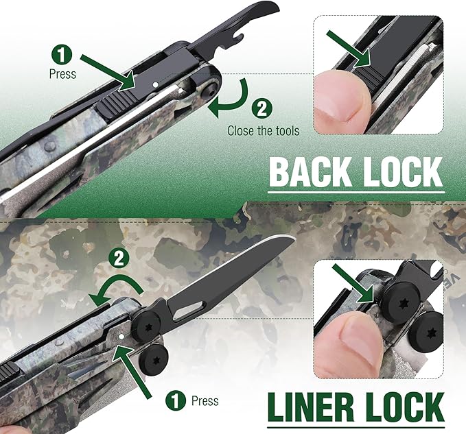 FLISSA Multitool, 15-in-1 Multi Tool Pocket Knife with Sheath, Stainless Steel EDC Multitool Pliers for Men, Camo All-in-One Tools for Camping, Fishing, Survival