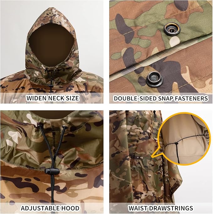 GRVCN Military Rain Poncho, Camouflage Raincoat Outdoor Waterproof Lightweight