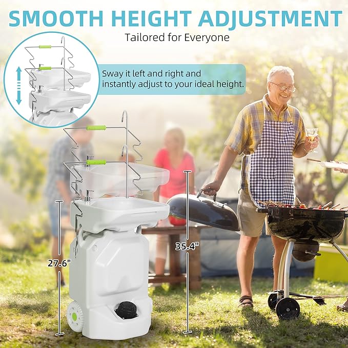 YITAMOTOR 38L Portable Camping Sink, Portable Hand Washing Station with Adjustable Wash Basin, Large Wheels, Foot Pump, Towel Holder Soap Dispenser for Outdoors, Garden, Camping, Worksites, Camping