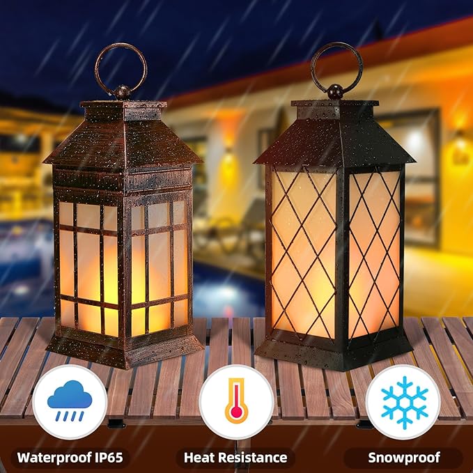 18" Solar Lanterns Outdoor Waterproof, Glass Solar Flickering Flame Lantern Large Hanging Solar Lantern Metal Decorative for Patio Garden Backyard Outside Tabletop Mothers Day Gifts Mom