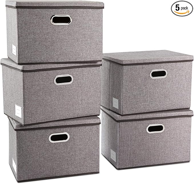 PRANDOM Large Collapsible Storage Containers with Lids [5-Pack] Linen Fabric Foldable Storage Bins Boxes Organizer Baskets Cube with Cover for Home Bedroom Closet Office Nursery (17.7x11.8x11.8)