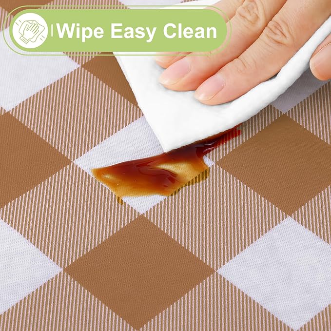 Smiry Round Plastic Table Cloth, Waterproof Vinyl Tablecloth with Flannel Backing, Wipeable Buffalo Plaid Table Cover for Dining, Indoor and Outdoor (Brown & White, 60" Round)