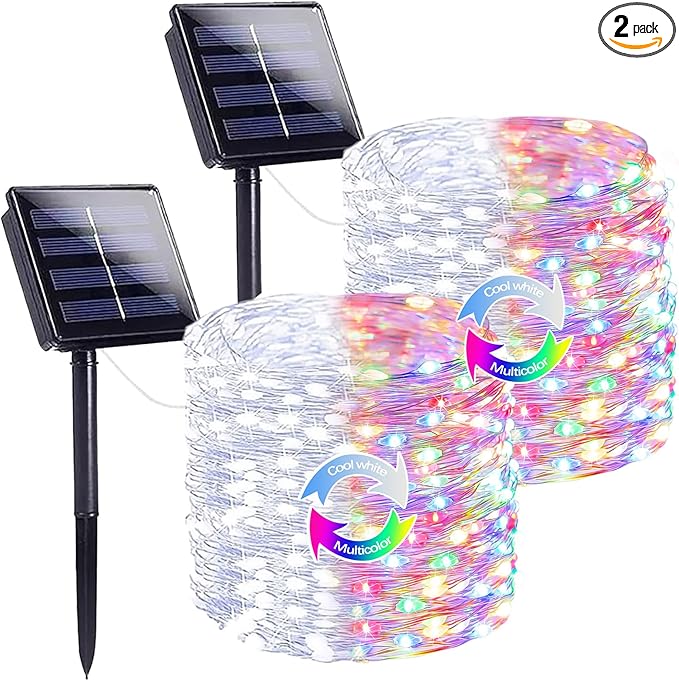 SANJICHA Cool White and Multicolor Color Changing Solar String Lights, Extra-Long 2PK 144FT 400LED Solar Fairy Lights Outdoor Waterproof, Copper Wire 8 Modes for Garden Party Wedding Decorations