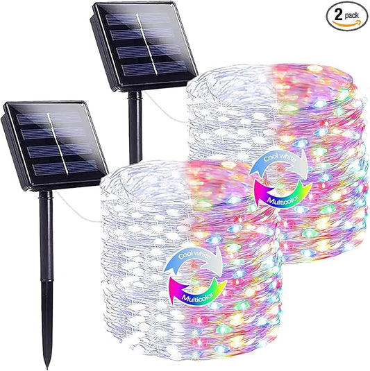 SANJICHA Cool White and Multicolor Color Changing Solar String Lights, Extra-Long 2PK 144FT 400LED Solar Fairy Lights Outdoor Waterproof, Copper Wire 8 Modes for Garden Party Wedding Decorations