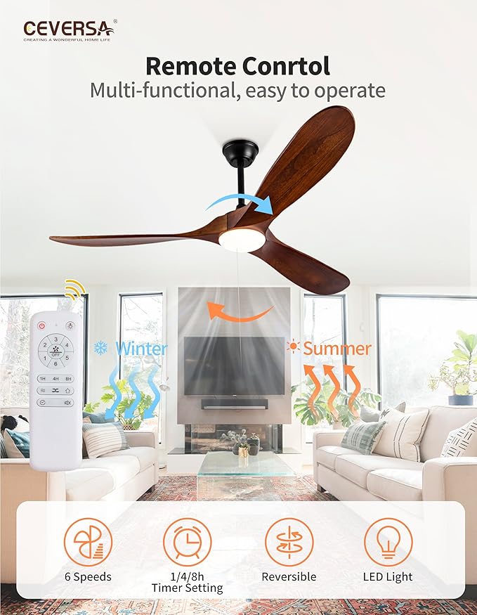 60 Inch Outdoor Ceiling Fans with Lights and Remote,3 Blades Wood Propeller, Quiet DC Motor,Rustic Outdoor Ceiling Fans for Patios,Farmhouse,Living Room,Bedroom, Indoor,Walnut