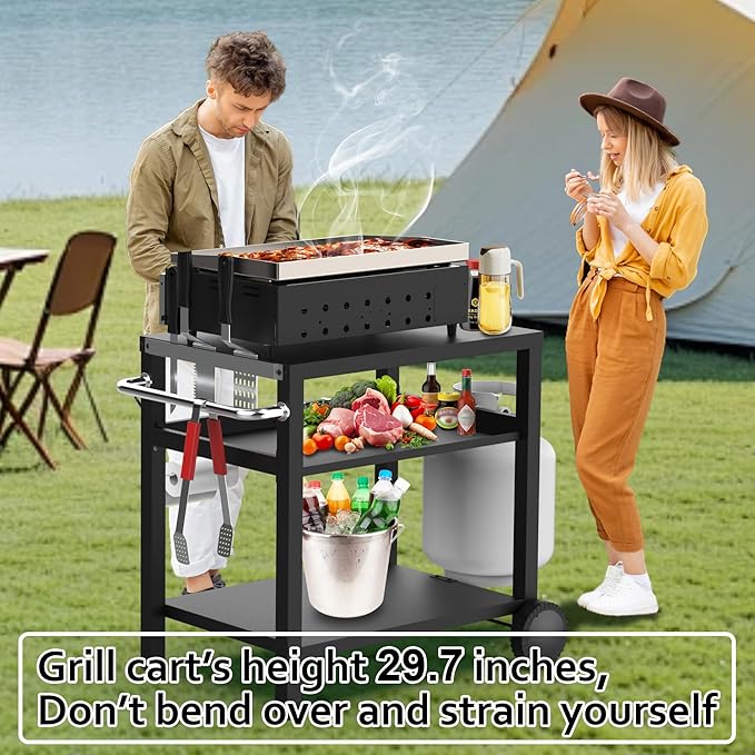 29.5''x19.6'' Outdoor Grill Cart, Pizza Oven Table Stand, 3-Shelves Food Prep Table for Ninja Woodfire, Ooni Pizza Oven, 17'' & 22'' Blackstone Griddle, Grill Stand for Picnic, Camping