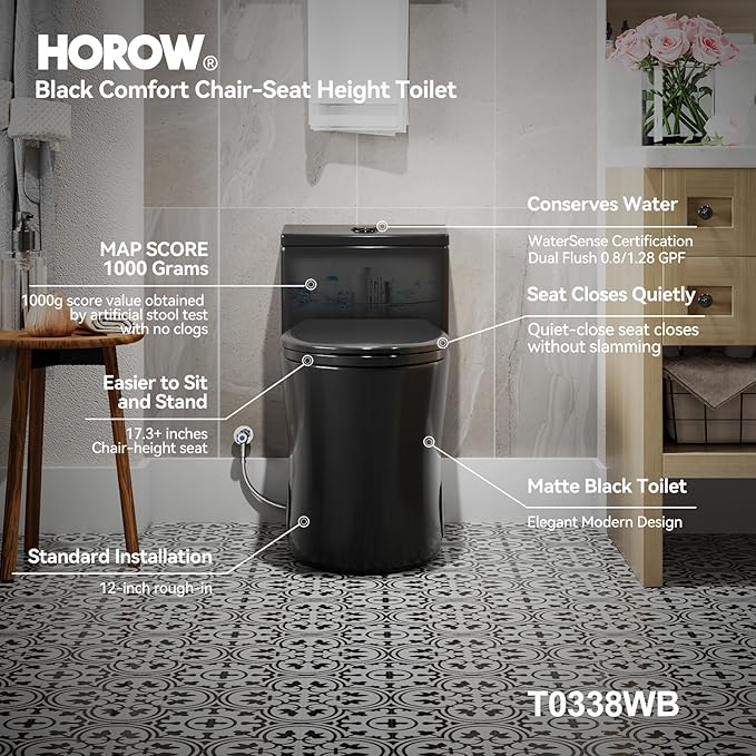 HOROW T0338WB Elongated One Piece Toilet Black, Compact Modern Toilet with Comfortable Seat Height, ADA Chair Height 17.3", Power Dual Flush 0.8/1.28 GPF & MAP 1000g, Matte Black, 12" Rough-in