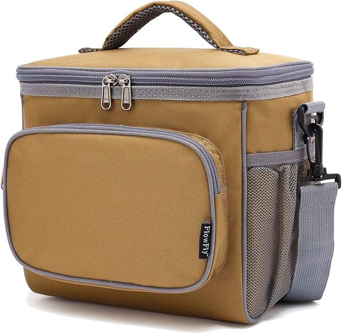 FlowFly Insulated Reusable Lunch Bag Adult Large Lunch Box for Women and Men with Adjustable Shoulder Strap,Front Zipper Pocket and Dual Large Mesh Side Pockets,Brown