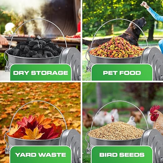 Plexon Metal Trash Can with Locking Lid Outdoor Storage Bucket for Bird Seed Ash 6-Gallon Galvanized Steel 6 Pack