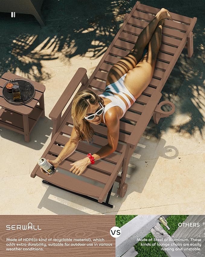 SERWALL Patio Chaise Lounge Chair, 78'' Long HDPE Outdoor Lounge Chair, 5 Positions Adjustable Poly Lounge Chair with Rolling Wheels & Cup Holder for Pool, Brown