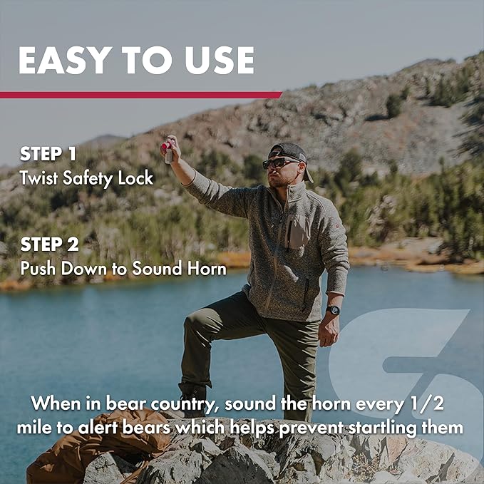 SABRE Frontiersman Bear Horn, 130dB Audible Up to 0.5 Miles, Nonflammable & Eco-Friendly, On/Off Lock Prevents False Alarms, 60 ¼-Second Blasts, Bear Spray Companion, Designed & Assembled in USA